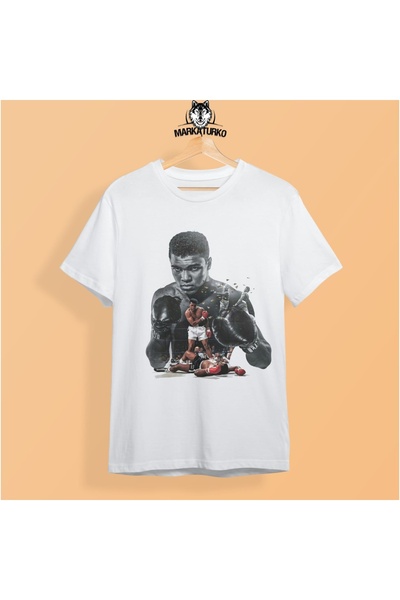 MarkaTurko تي شيرت محمد علي مطبوع باللون الأبيض بتصميم خاص من القطن الممشط لل...