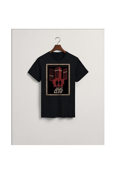 MarkaTurko Fight Club Printed Μαύρο Προσαρμοσμένο Σχέδιο Βαμβακερό Χτενισμένο Μπλουζάκι Unisex 505-127