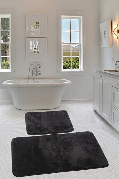 Teksev Set covoraș de baie Pufidik, 2 bucăți, 60x100 + 50x60 cm Relax Black Cornered Scaun de toaletă antiderapant