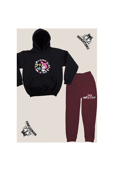 MarkaTurko My Melody μπροστινό εμπριμέ Unisex Προσαρμοσμένο σχέδιο βαμβακερό μαύρο-μπορντό Παιδική φόρμα 5050-26s