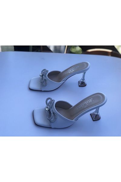 Holdays Stone Detailed Women's White Slippers 8 cm Heel