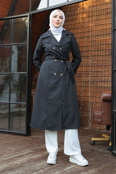 benguen 1251 Trenchcoat mit Knopfdetail Schwarz