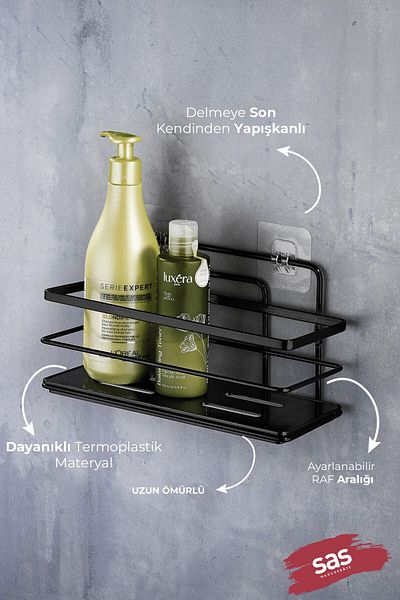 Sas Haus Adhesive Lifetime Stainless Crystal Adjustable Shelf Bathroom Organizer Shampoo Holder 2 PCS Black L