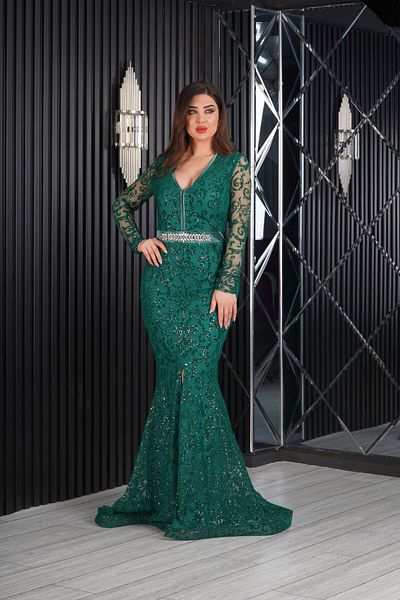 Matik Abiyem Flexible Tulle Glitter Flock Printed Slit Long Dress Evening Dress