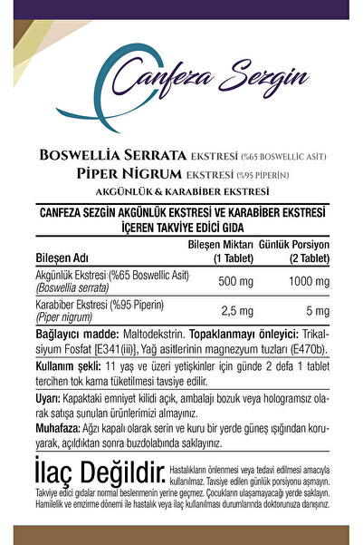 Canfeza Sezgin BOSWELLİA SERRATA Ekstresi 60 Tablet (%65 Boswellic Asit) Piper Nigrum Ekstresi (%95 Piperin) Akgünlük & Karabiber Ekstresi