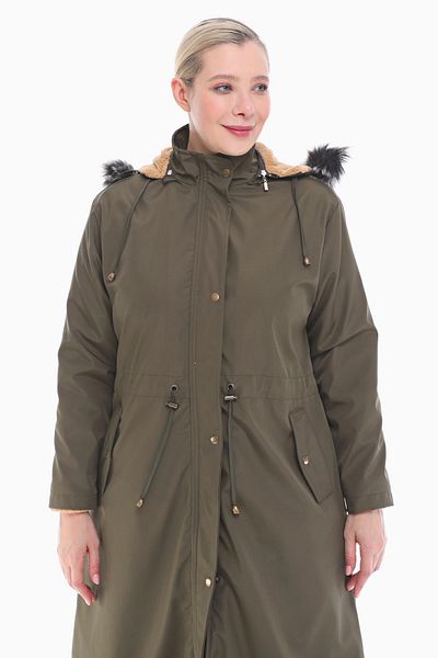 VETRE Women's Large Size Furry Khaki Long Coat 1047