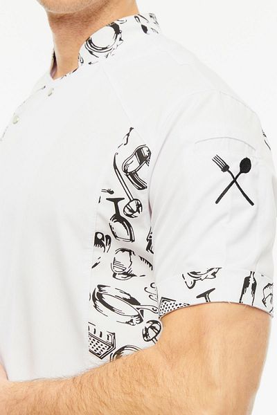 Uniprom White Embroidered Short Sleeve Cook Jacket - Sheer Waiter with Pockets