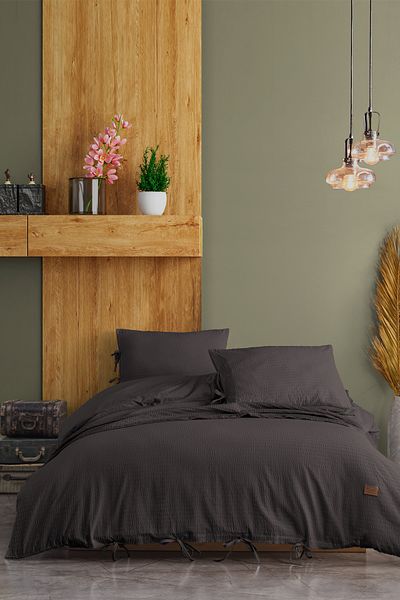 Elart Fitted Duvet cover set double 100% natural cotton ranfors 4 pieces Cool Anthracite