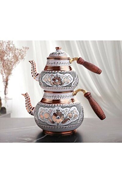 Bakırcı Bakır Beyaz Çaydanlık El Işi
