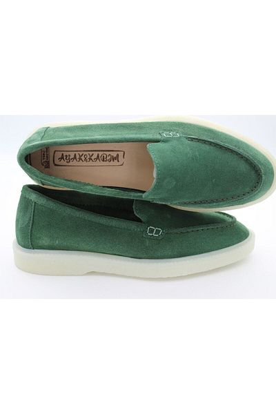 aayak&kabımofficial Genuine Leather Green Women's Casual Shoes Ballet Loafer Moccasin
