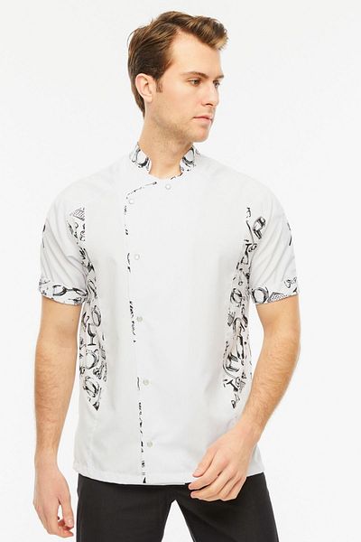 Uniprom White Embroidered Short Sleeve Cook Jacket - Sheer Waiter with Pockets