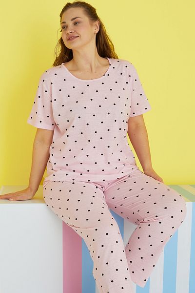 Siyah İnci Plus Size Curve Pajama Set - Pink, Black, Point Pattern, Oversize, Short Sleeve
