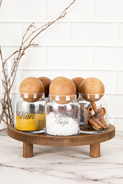 DNS HOME 6-Piece Glass Spice Rack Set with Wooden Ball Lid and Labeled Jar Set with Wooden Stand Storage Container 300ml