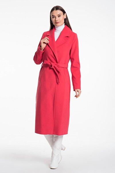 Pitti Women's Matte Na Men's Collar Long Pocket Lined Belted Coat