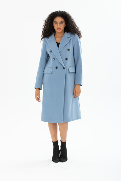 Pitti Kadın Indigo Mavi Erkek Yaka Midi Boy Siyah Düğmeli Astarlı Kaban 70615..