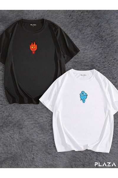 CANDEL Unisex Fire and Water Double Oversize T-shirt Double Combination Double T-shirt