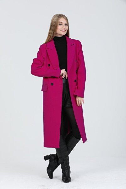 Pitti Women's Fuchsia Stamp Black Buttoned Slit Coat