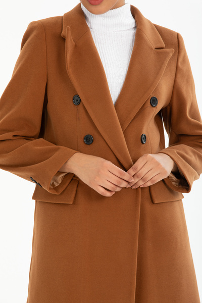 Pitti Women's Tan Men's Collar Midi Size Black Buttoned Lined Coat 70615