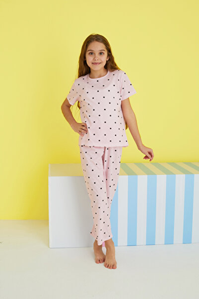 Siyah İnci Rózsaszín és fekete pontmintás rövid ujjú kötött hálóruha szett