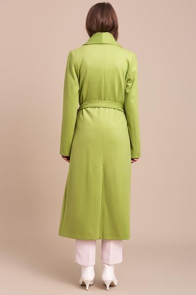 Pitti Women's Pistachio Green Men's Collar Long Belted Coat 70426