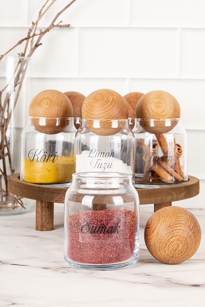 DNS HOME 6-Piece Glass Spice Rack Set with Wooden Ball Lid and Labeled Jar Set with Wooden Stand Storage Container 300ml