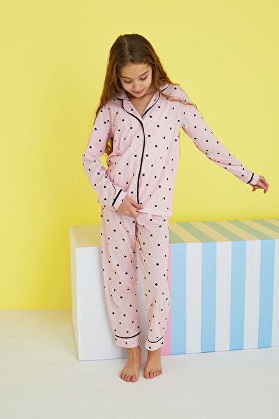 Siyah İnci Pink Black Score Patterned Buttoned Piping Knitted Pajamas Set