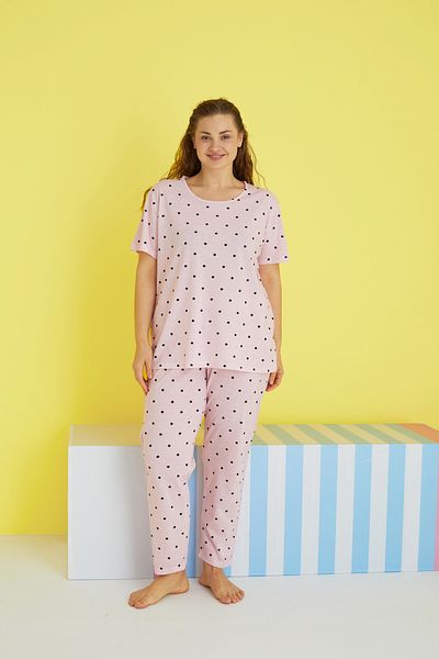 Siyah İnci Plus Size Curve Pajama Set - Pink, Black, Point Pattern, Oversize, Short Sleeve
