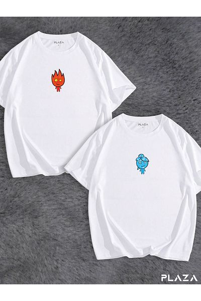 CANDEL Unisex Fire and Water Double Oversize T-shirt Double Combination Double T-shirt