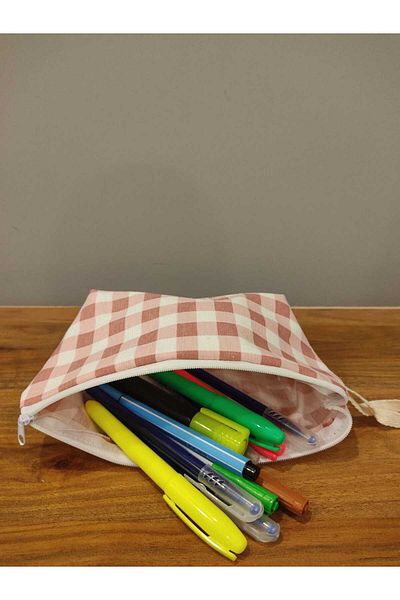 Elbasan Tekstil Ροζ Gingham που πλένεται με φερμουάρ Μονό Μακιγιάζ Θήκη για στυλό