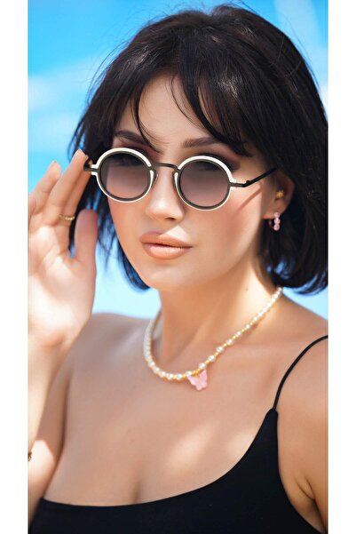 Angel Eyes نظارة شمسية نسائية إطار دائري أبيض زجاج أسود