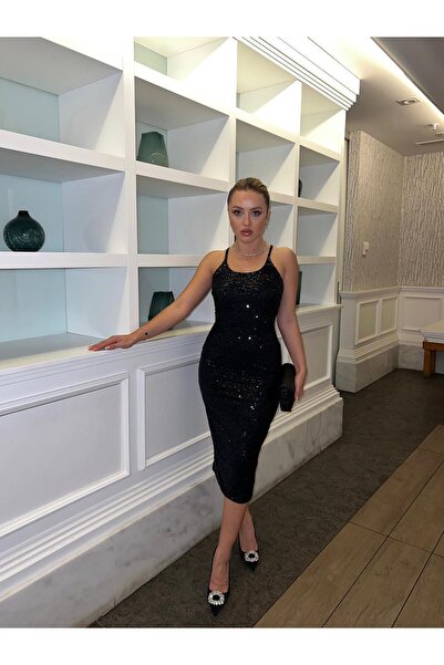 conconmoda FLAT SİYAH SIRTI ÇAPRAZ SİMLİ ELBİSE MİDİ