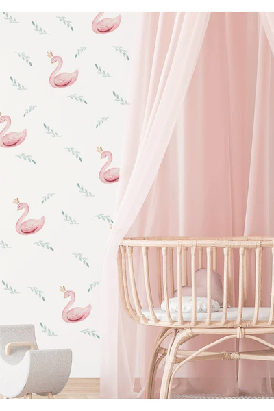 WALLHUMAN Αυτοκόλλητο τοίχου για παιδικό δωμάτιο με ροζ κύκνους και φύλλα