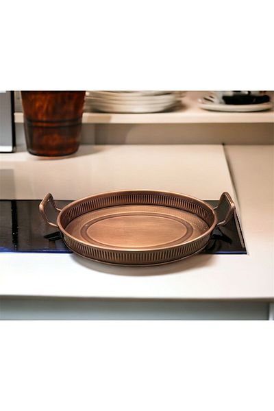 LUCKYHOMES Oval Bar Print Spiral Handle Decorative Tray Copper 22X31