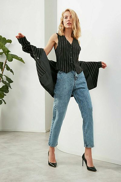 DRC trend Blugi din lycra cu talie înaltă Lina Blue Mom Jean