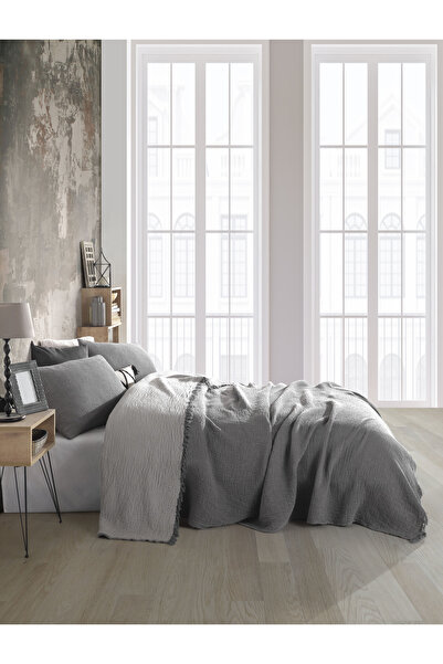 destinyhometex Anthracite Colored Double Fringed 240x250cm Bedspread/2 Pieces 50x70cm Pillow 4 Layers 100% Cotton