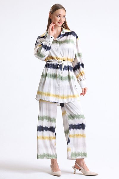 MD trend Women's Color Blocked Belted Wide Leg Trousers and Balloon Sleeve Tunic Bottom-Top Satin Set