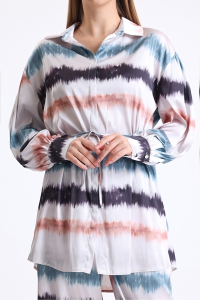 MD trend Women's Color Blocked Belted Wide Leg Trousers and Balloon Sleeve Tunic Bottom-Top Satin Set