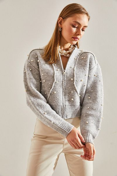 Bianco Lucci Women's Pearl Stone Embroidered Knitwear Cardigan
