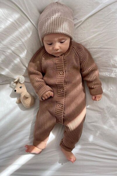 Minytrendy Kız/erkek Bebek Örme Düğme Detaylı Şapkalı Triko Yenidoğan Tulum T...