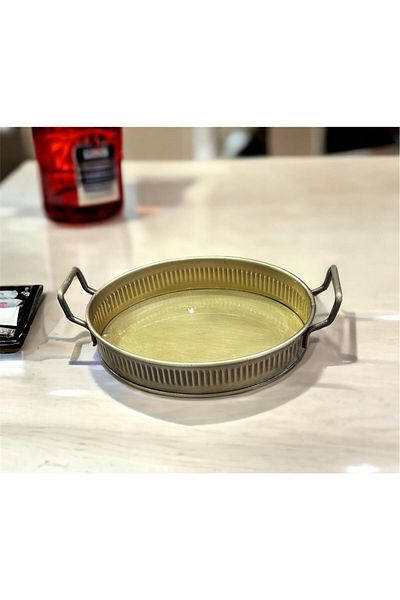 LUCKYHOMES Oval Stick Print Spiral Handle Decorative Tray Gold 15X21
