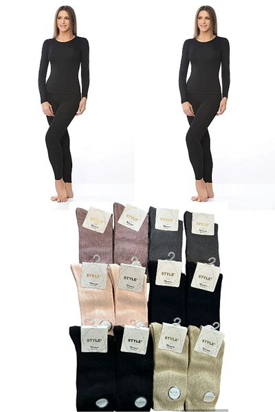 Tutku Women's Black Thermal Underwear Lower Upper Set Thermal Set 2 PCS 6 PAIRS BAMBOO WINTER SOCKS GIFT