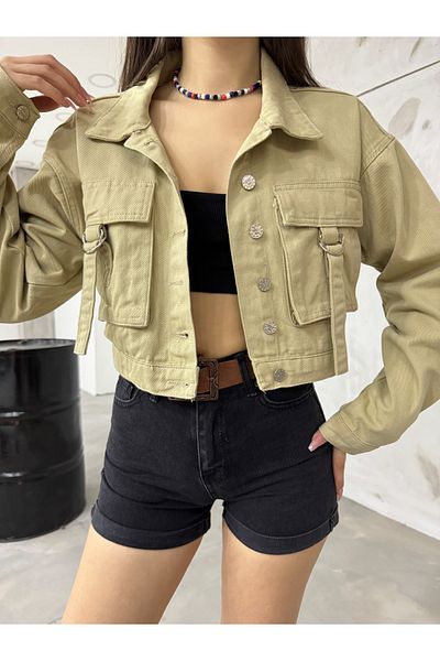 BİKELİFE Übergroße Crop-Jeansjacke für Damen mit Taschendetail