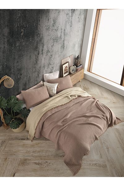 destinyhometex Brown Double 230x240cm Bedspread/2 Pieces 50x70cm Pillow 4 Layers Multi Muslin 100% Cotton