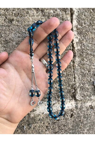 Sultan Telkari Sürmeli Model Mavi Renk Beyzi Kesim Toz Kehribar Tesbih