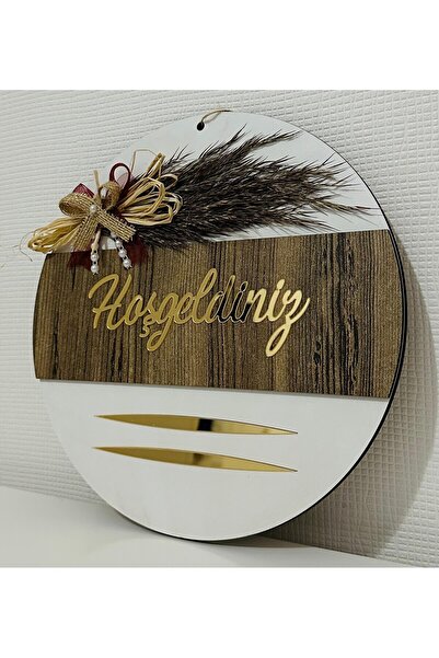 Pey Aksesuar Hoşgeldiniz Yazılı Aynalı Pleksi Ahşap Kapı Süsü Dekoratif Dış Kapı Süsü Beyaz