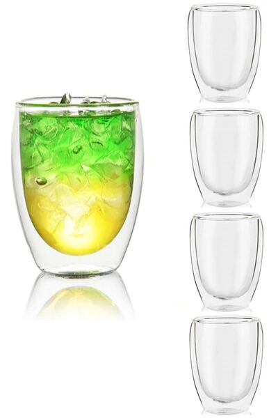 Seram Collection 4 Adet Çift Katlı Isı Yalıtımlı Cam Bardak Çift Cidarlı Ev O...