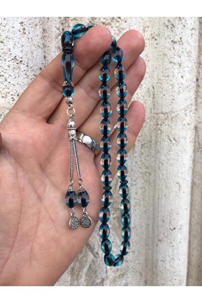 Sultan Telkari Sürmeli Model Mavi Renk Beyzi Kesim Toz Kehribar Tesbih