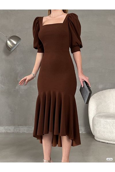 Varyete Princess Sleeve Skirt Flounced Square Neck Midi Length Crepe Fabric Evening Dress Wedding Engagement Promise Invitation