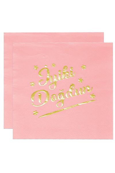 TATLI GÜNLER Pink Gilded Gold Leaf GOOD BORN PRINTED Presentation Napkin 16 Pieces Birthday Party Concept
