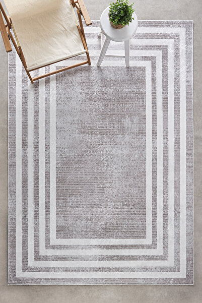 Kaşmir Halı Sare By Frame Beige Yıkanabilir Kaymaz Taban Salon Mutfak Halısı Yolluk